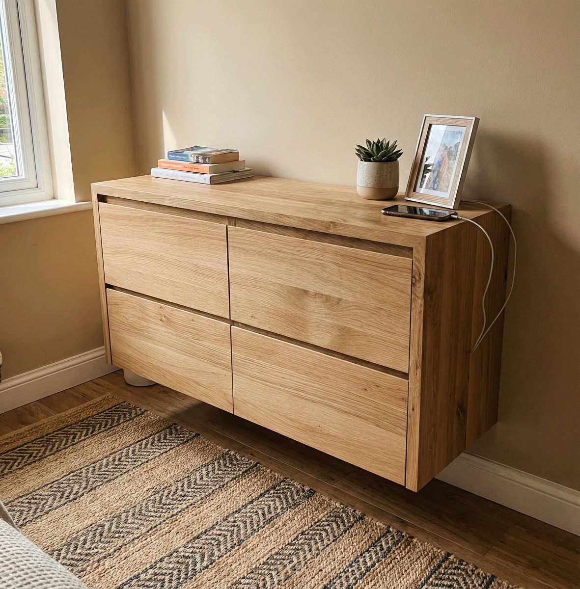 Breed eiken badkamermeubel Quatro 140cm met 4 lades en dubbele  rivierstenen waskommen - view 4