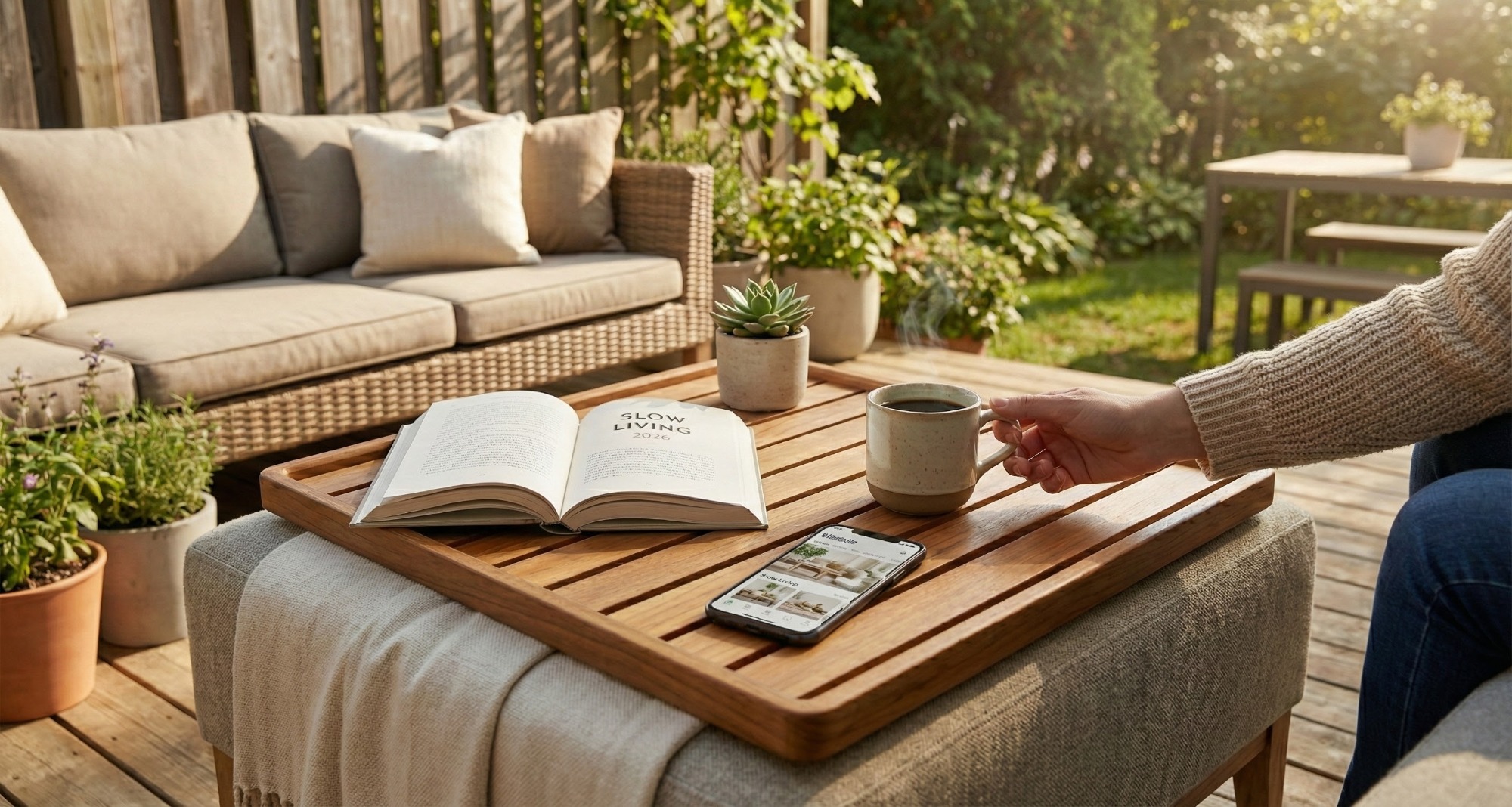 Japandi stijl outdoor hocker met seamless kussens en houten dienblad, studio setting - view 3