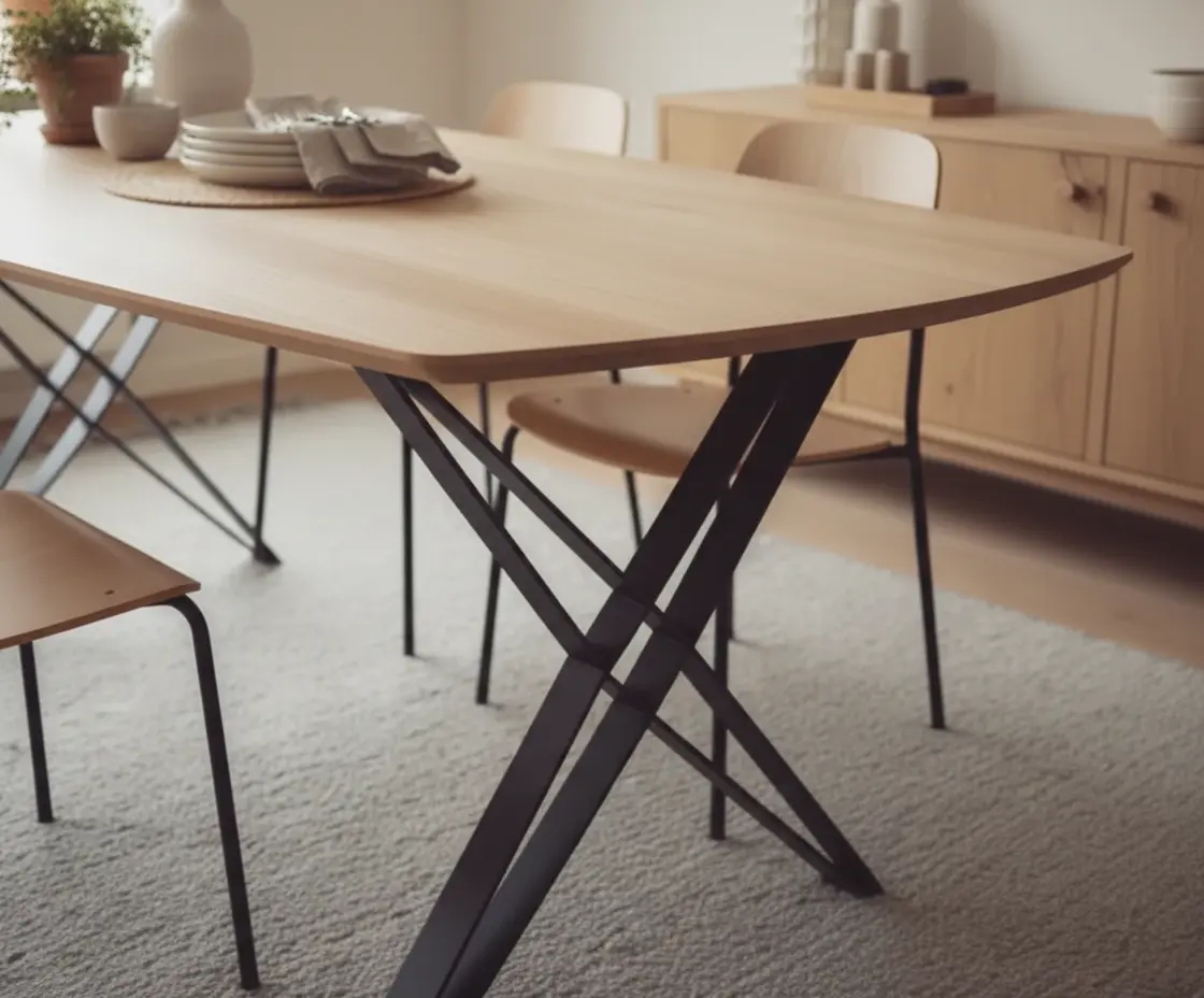 Ovale eiken eettafel met zwart metalen kruispoot in een minimalistisch Japandi interieur. - view 3