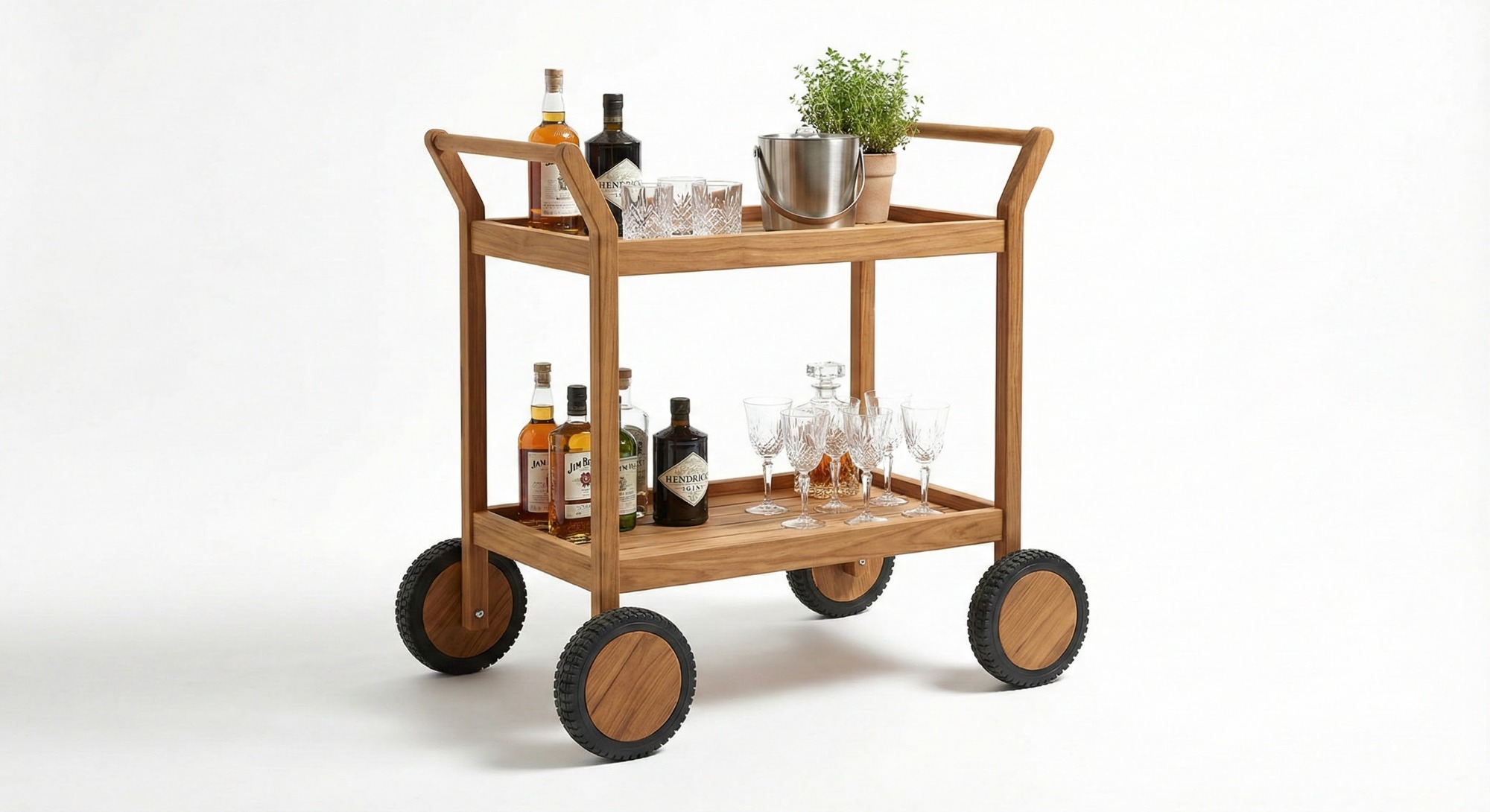 Teakea Nomad serveerwagen met minimalistisch teakhouten frame en grote wielen, witte achtergrond - alternate view