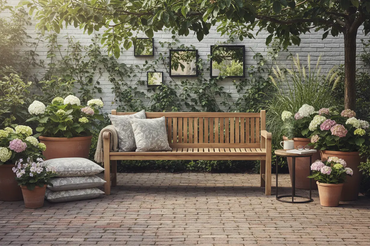 Rechte teakhouten tuinbank met verticale spijlenrug voor een bakstenen muur en kleurrijke hortensia struiken. - view 3