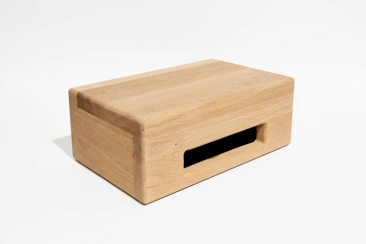 Rechthoekige eikenhouten tissuebox houder van massief naturel hout met strakke uitsparing tegen een witte achtergrond. - alternate view