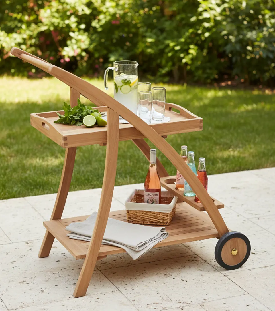 teak-serveerwagen-met-flessenrek-in-tuin - view 3