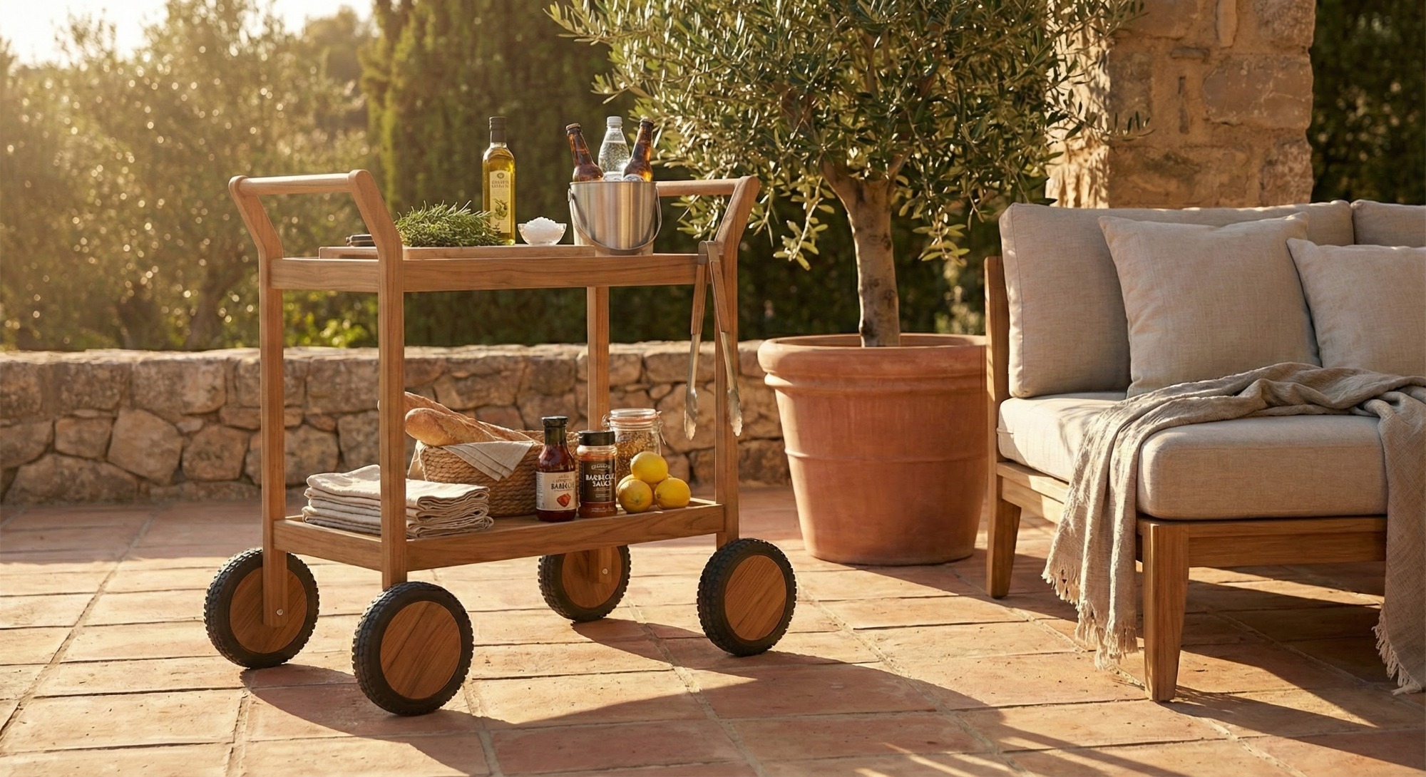Teakea Nomad serveerwagen met minimalistisch teakhouten frame en grote wielen, witte achtergrond - view 3