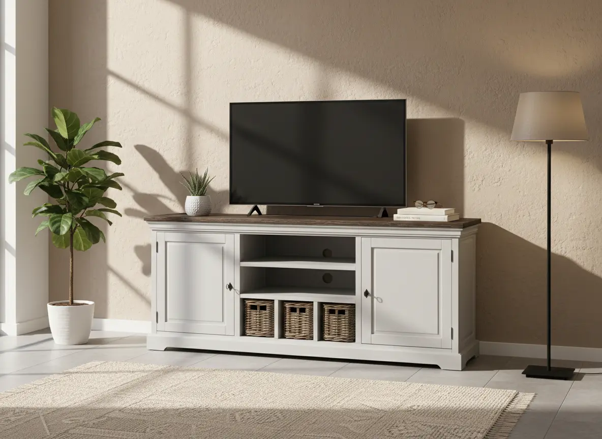 Breed wit TV dressoir Napoli met houten blad, drie laden, twee deuren en drie rieten manden in landelijke stijl. - alternate view
