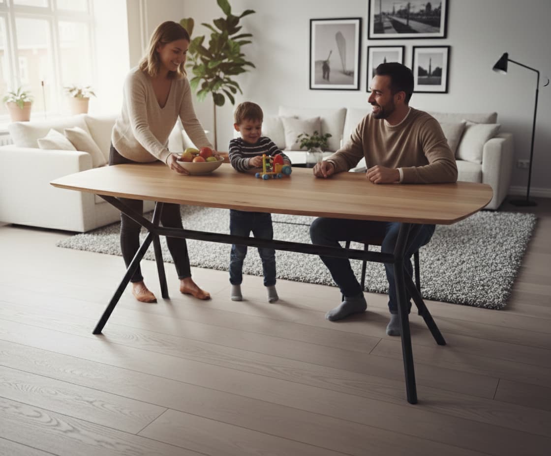 Lifestyle eettafel eikenhout met zwart metalen kruispoot, gedekt met servies en mensen in een licht Japandi interieur. - alternate view