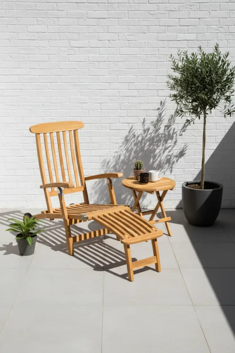 Verstelbare teakhouten deckchair met voetensteun naast inklapbare houten bijzettafel op zonnig terras met olijfboom. - view 3