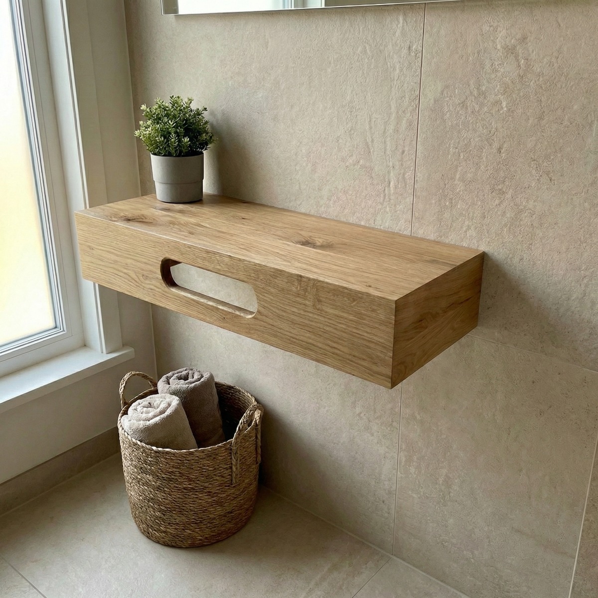 Zwevend eikenhouten badkamermeubel met natuurstenen waskom, gouden kraan en geïntegreerde handdoekhouder in grijze badkamer. - alternate view