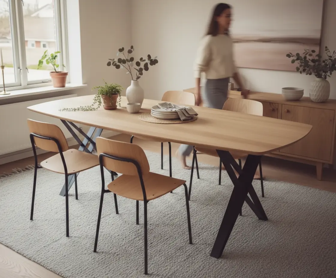 Ovale eiken eettafel met zwart metalen kruispoot in een minimalistisch Japandi interieur. - alternate view