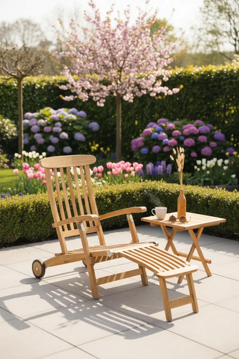 Teakea teak deckchair met voetensteun en inklapbaar houten tuintafeltje op een zonnig terras met tulpen en hortensia's, vtwonen tuinontwerp. - view 3