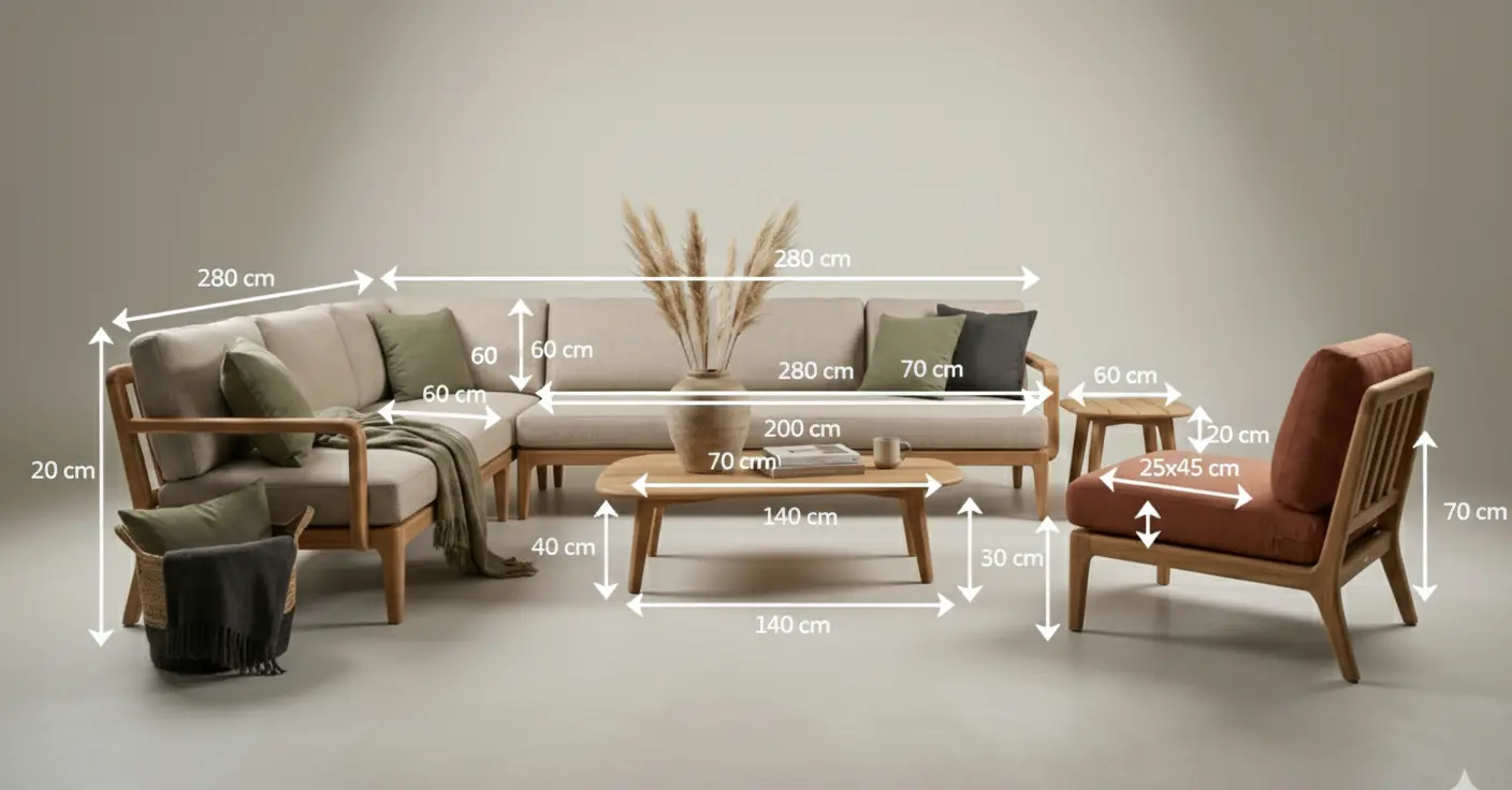 Modulaire houten loungehoek van teakhout met beige kussens en houten salontafel in een luxe tuin met zwembad. - alternate view