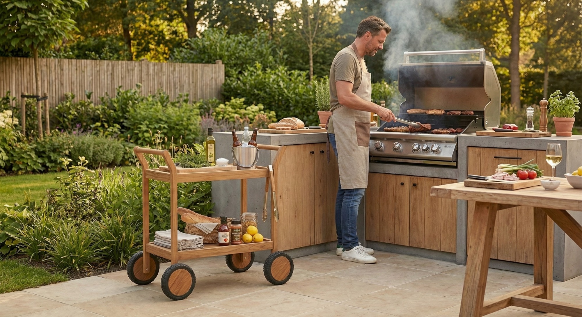 Teakea Nomad serveerwagen met minimalistisch teakhouten frame en grote wielen, witte achtergrond - view 4