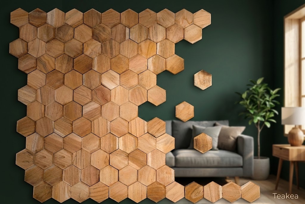 Hexagon houtstrips wandpanelen teakhout geluidsdempende muurbekleding - alternate view
