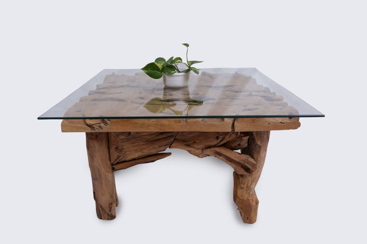 ROOT | Teak Wortel Salontafel met glas | Vierkant | 60x60x45 - DEV-ROOT-CT-SQ-60-60-45 - view 4