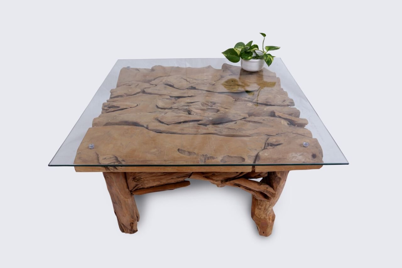 ROOT | Teak Wortel Salontafel met glas | Vierkant | 60x60x45 - DEV-ROOT-CT-SQ-60-60-45 - view 3