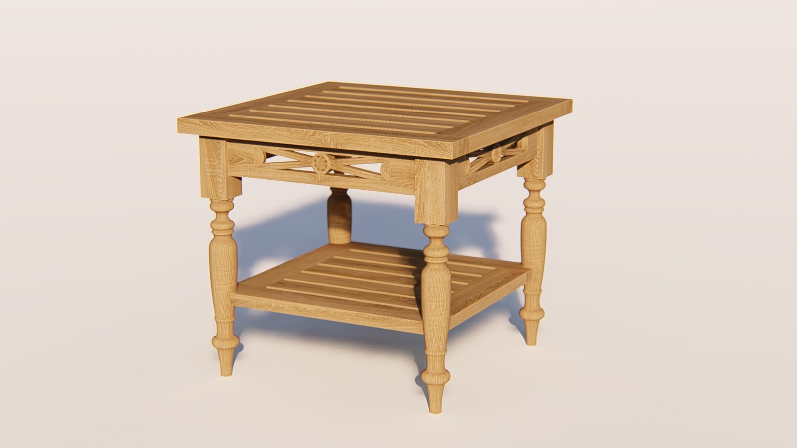 Teakhouten Batavia koffietafel 50×50 cm met extra legplank en decoratief houtsnijwerk

 - view 3