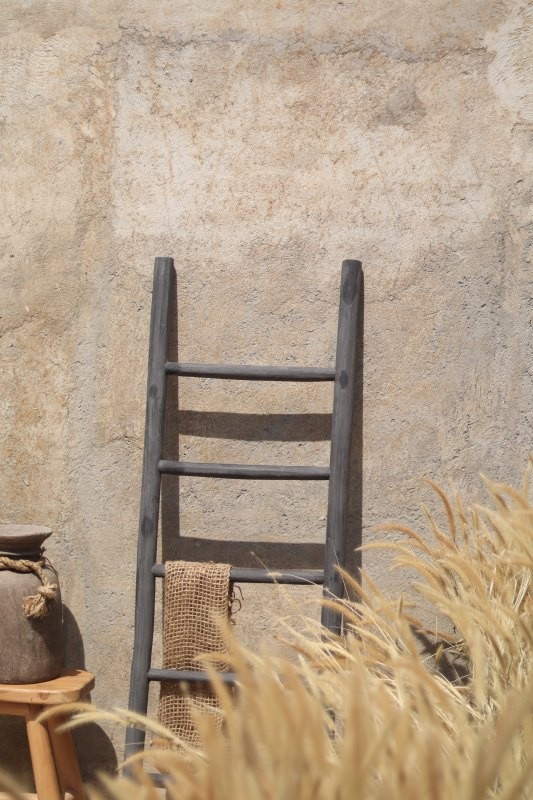 Een matzwarte houten decoratieladder, 175 cm hoog, 50 cm breed en 5 cm diep. De ladder heeft meerdere sporten met gelijkmatige tussenruimtes en staat licht hellend voor stabiliteit. De afwerking is glad en egaal, wat het minimalistische design benadrukt.  - view 3