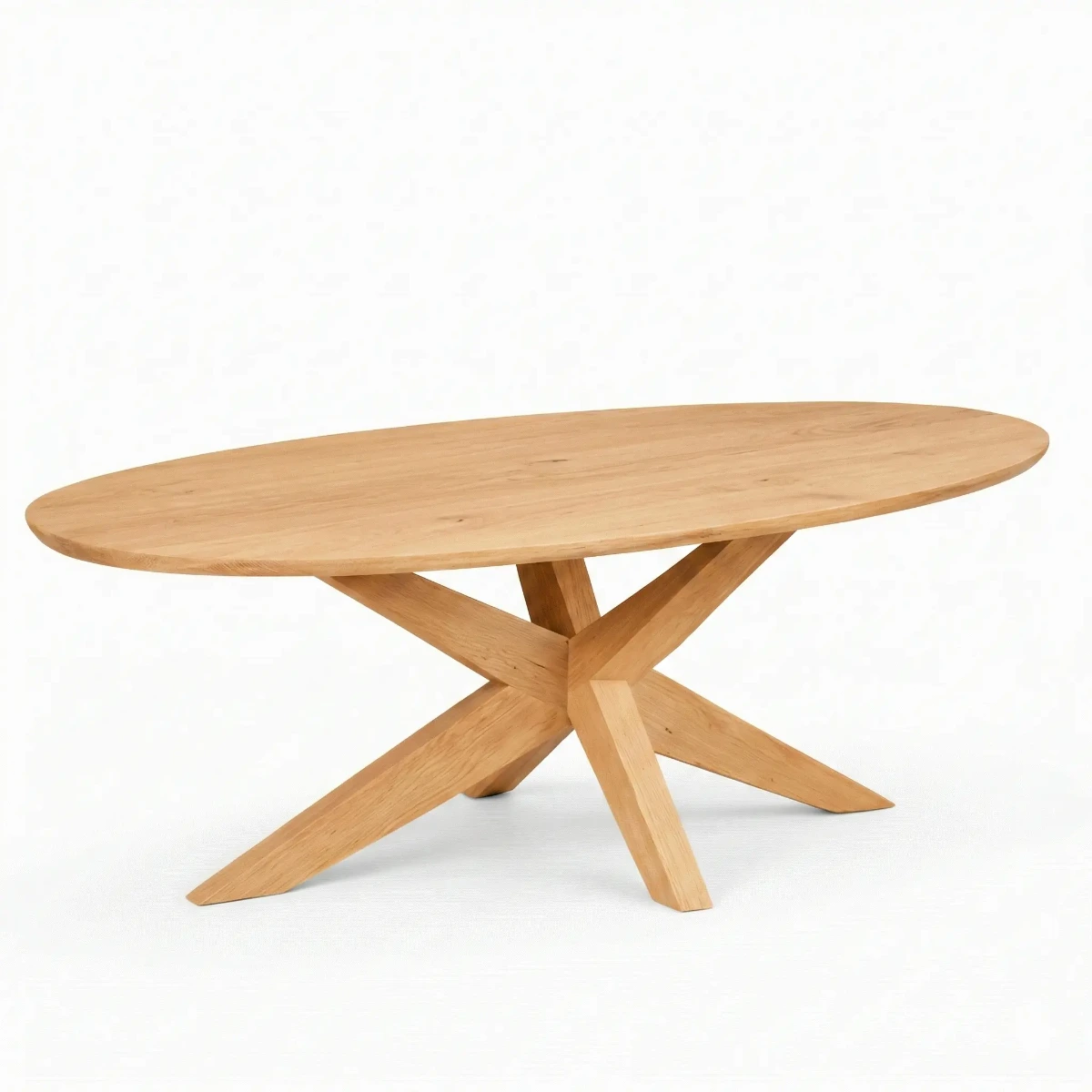 Ovale eettafel van massief eikenhout met een centraal houten matrix-onderstel in een moderne minimalistische setting. - alternate view