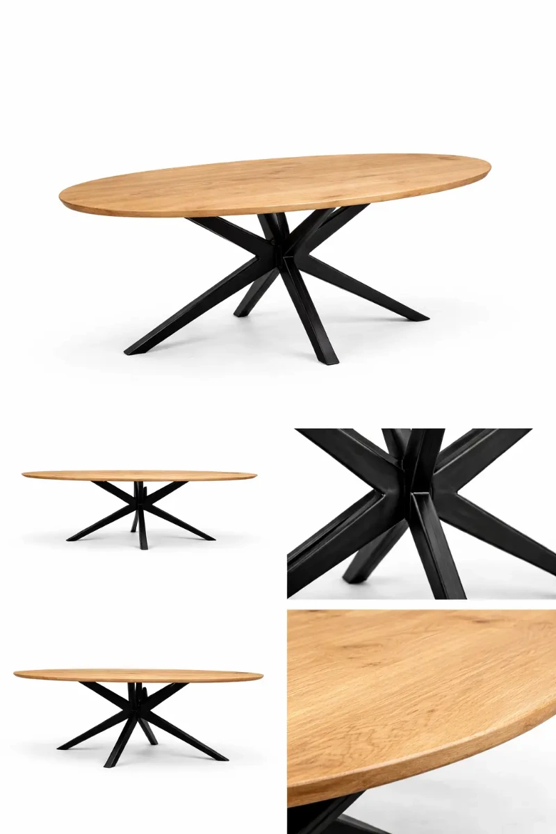 Moderne eettafel ovaal eiken met zwarte spiderpoot - view 3