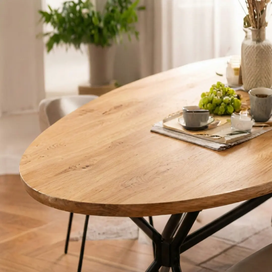 Ovale eikenhouten eettafel met zwart metalen spider-poot en beige velvet eetkamerstoelen in een modern interieur. - alternate view