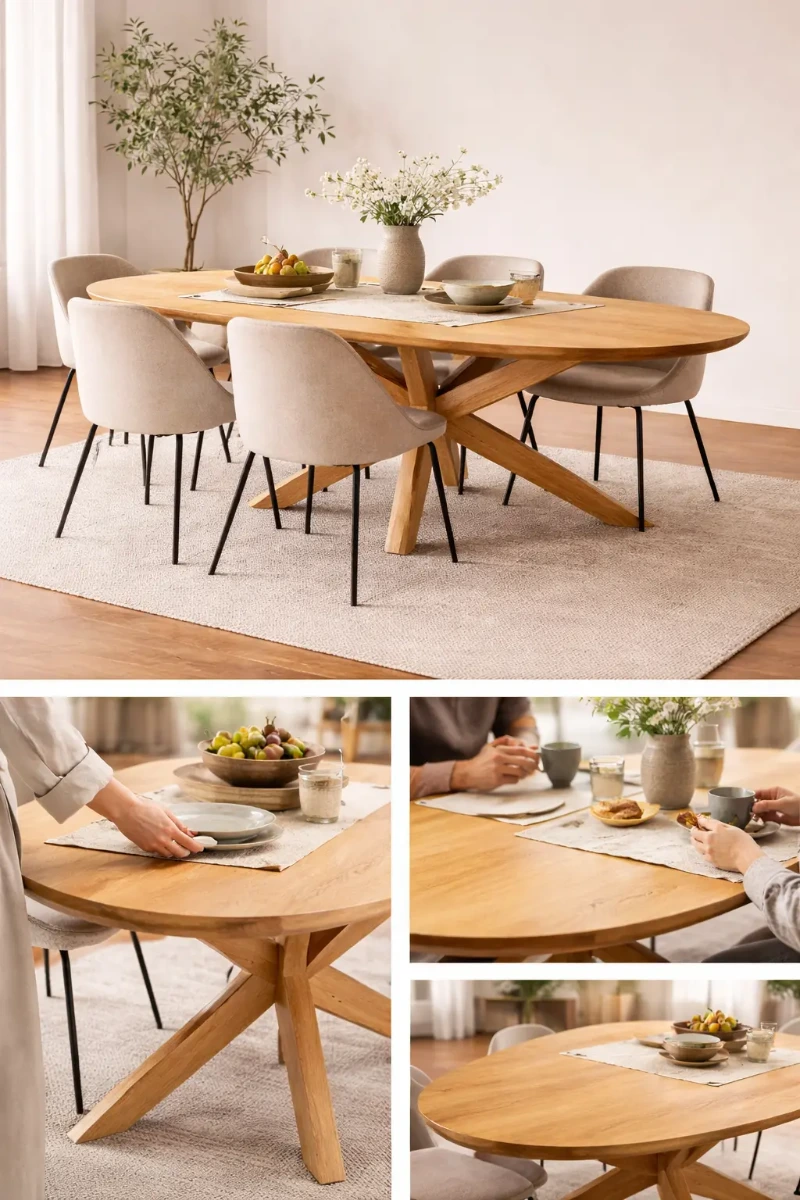 Ovale eettafel van massief eikenhout met een centraal houten matrix-onderstel in een moderne minimalistische setting. - view 4