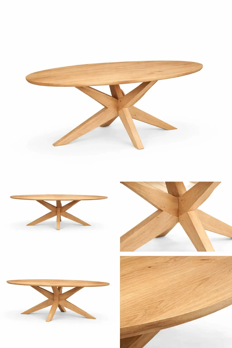 Ovale eettafel van massief eikenhout met een centraal houten matrix-onderstel in een moderne minimalistische setting. - view 3