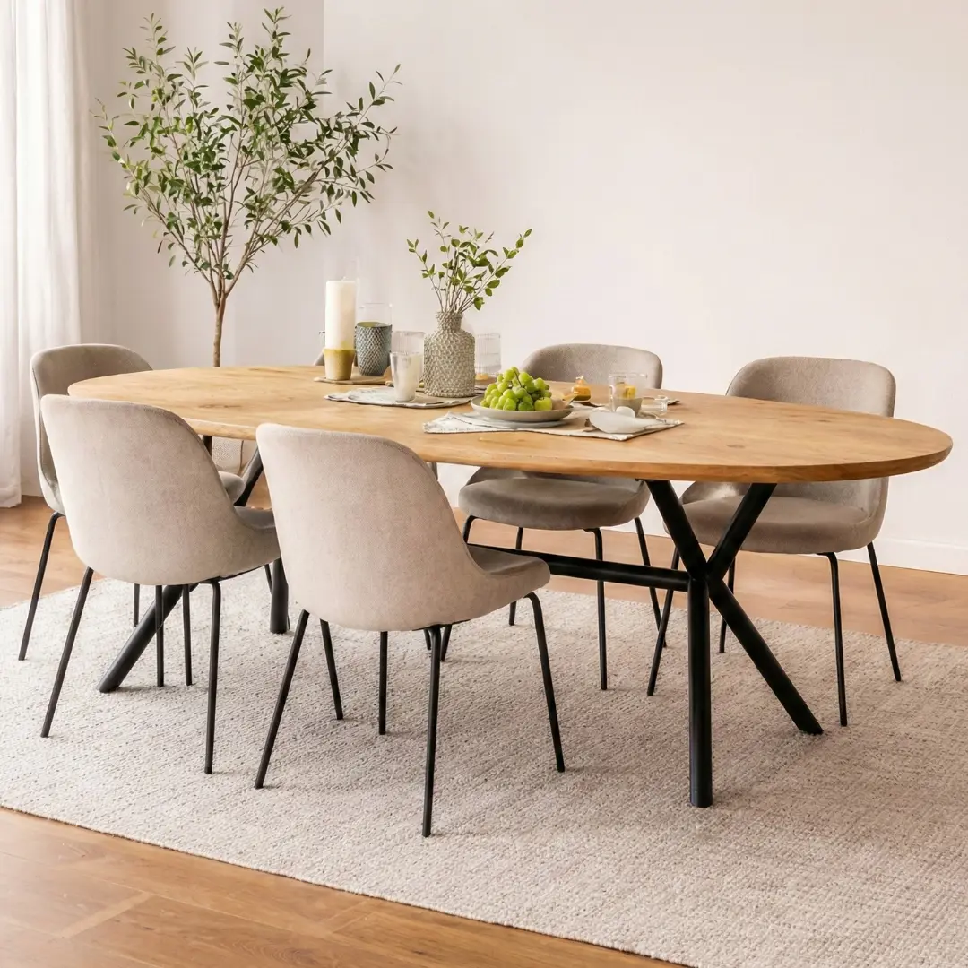 Ovale eikenhouten eettafel met zwart metalen spider-poot en beige velvet eetkamerstoelen in een modern interieur. - view 3