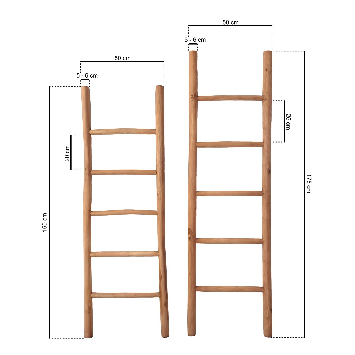Natuurlijke teakhouten decoratieladder, met een hoogte van 175 cm, een breedte van 50 cm en een diepte van 5 cm. De ladder heeft diverse horizontale sporten, gelijkmatig verdeeld over de lengte, en staat licht hellend voor extra stabiliteit. Het onbehande - view 3
