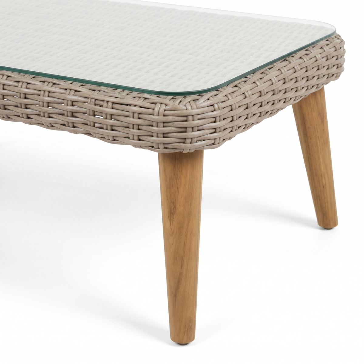 Teakea Eelde loungeset achteraanzicht met gebogen wicker kuiprugleuningen en glazen salontafel op witte achtergrond - view 4