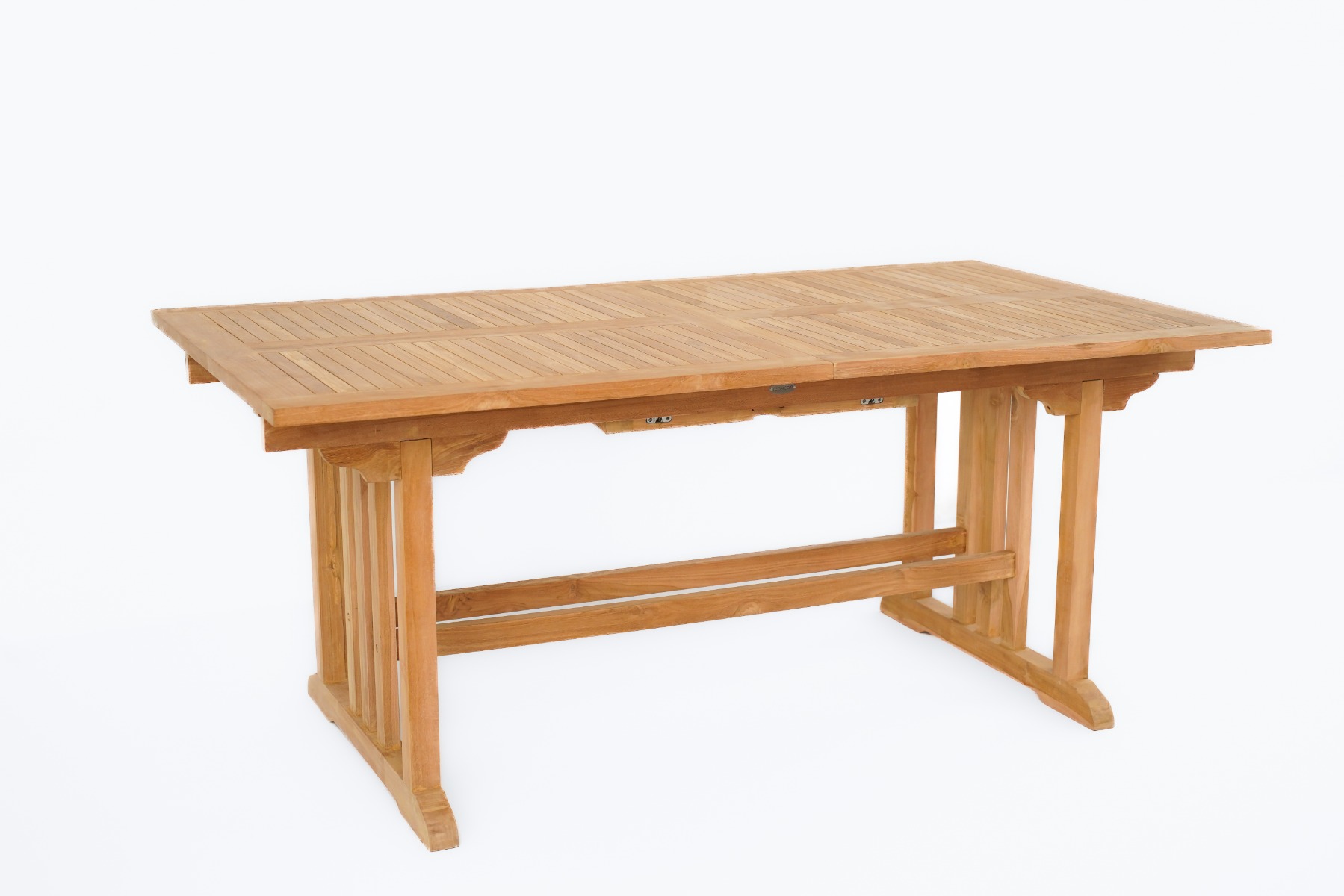 Compacte, elegante uitklapbare teakhouten tuintafel in gesloten en uitgeklapte toestand, toont het natuurlijke teakhouten oppervlak en soepele uitschuifmechanisme - view 3