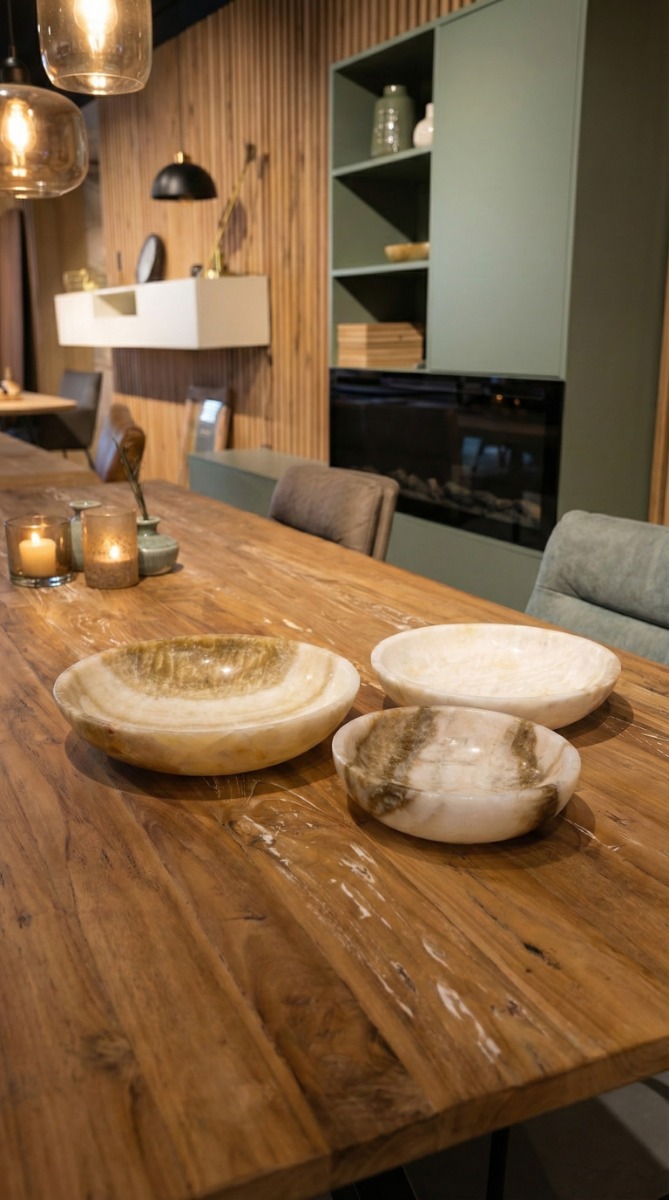 Luxe 3-delige onyx schalenset van gepolijst natuursteen met unieke wit en bruine patronen, formaten 30cm, 25cm en 20cm, vrijstaand op witte achtergrond. - view 3