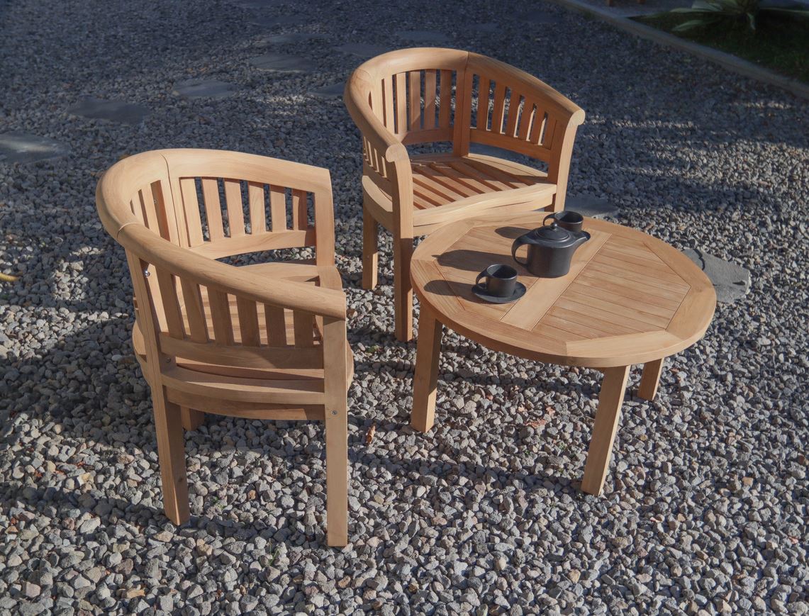 Massief teakhouten tuinstoel Peanut met ronde rugleuning en verticale spijlen, zijaanzicht van uniek kuipmodel voor in de tuin. - view 4