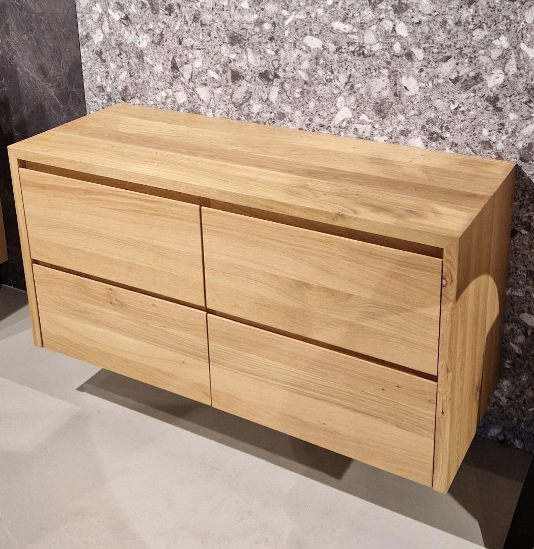 Breed eiken badkamermeubel Quatro 140cm met 4 lades en dubbele  rivierstenen waskommen - view 3