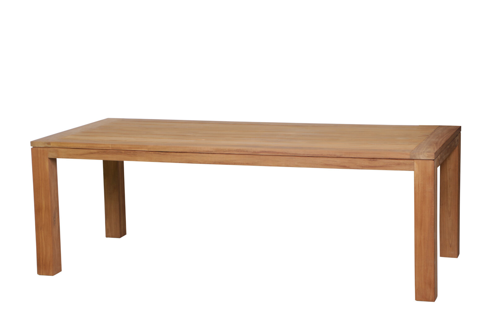 Nelson teak tuintafel 250x100 cm van massief teakhout met robuuste poten en RVS details op terras
 - view 4