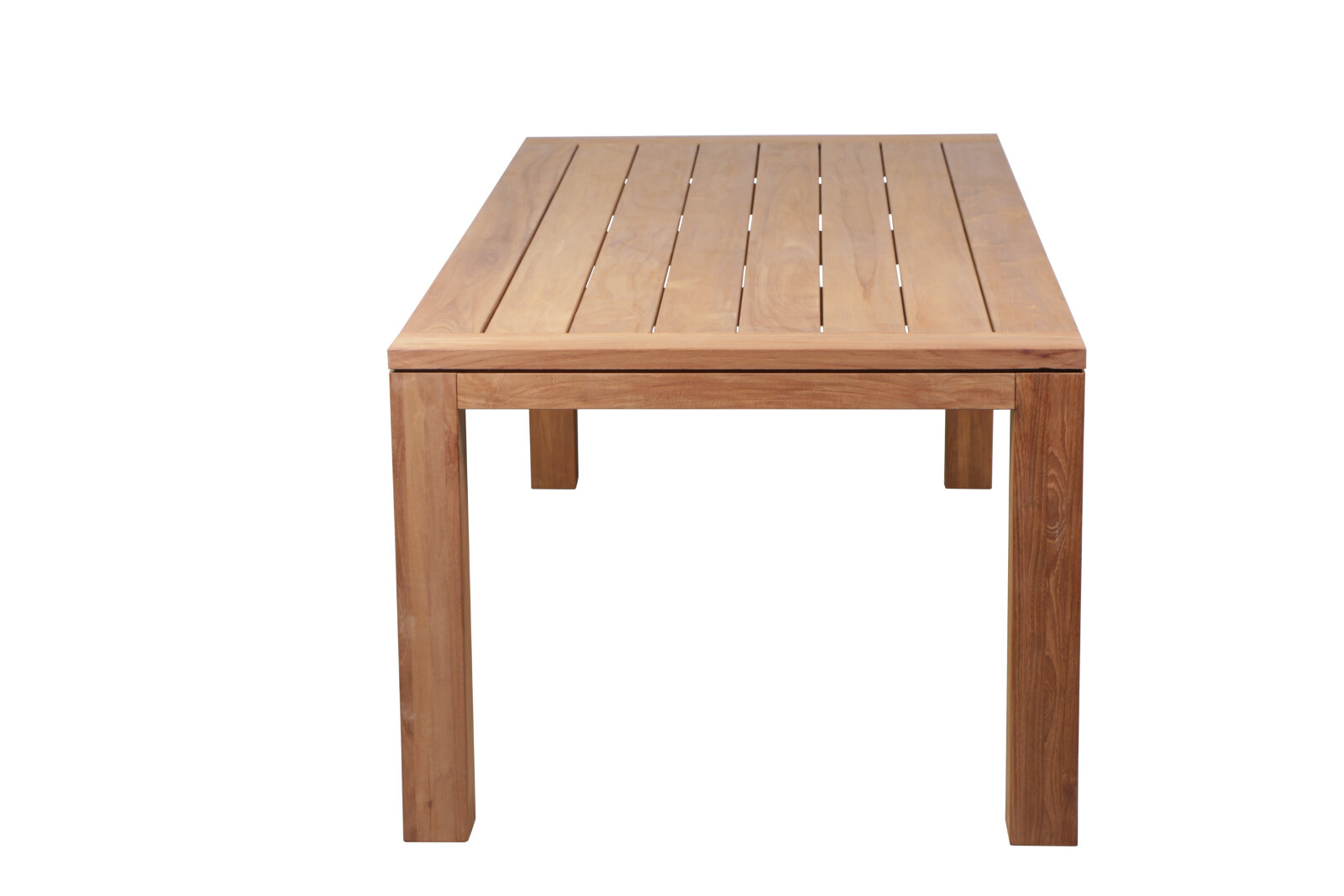 Nelson teak tuintafel 250x100 cm van massief teakhout met robuuste poten en RVS details op terras
 - view 3
