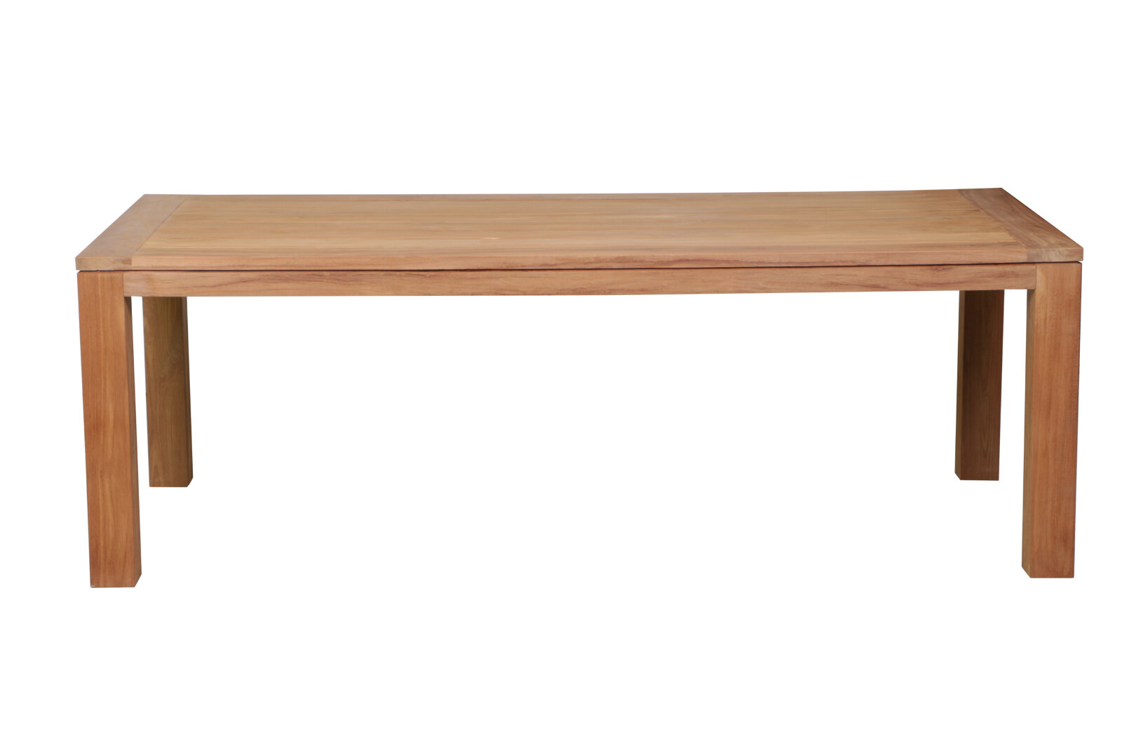 Nelson teak tuintafel 250x100 cm van massief teakhout met robuuste poten en RVS details op terras
 - alternate view