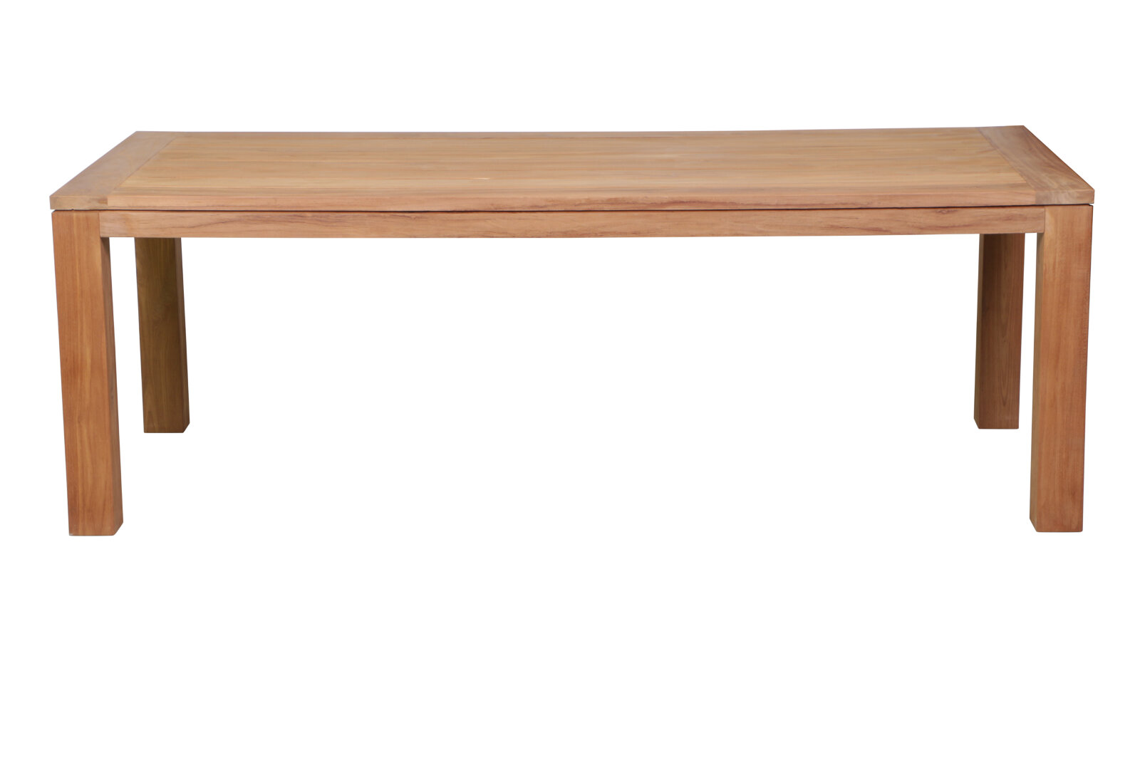 Een sfeervolle foto van een grote, rechthoekige teakhouten tuintafel met zes bijpassende teakhouten stoelen op een zonnig, betegeld terras. De tafel is stijlvol gedekt met linnen lopers, servies, houten schalen met fruit en brood, en kruidenplanten. De st - view 4
