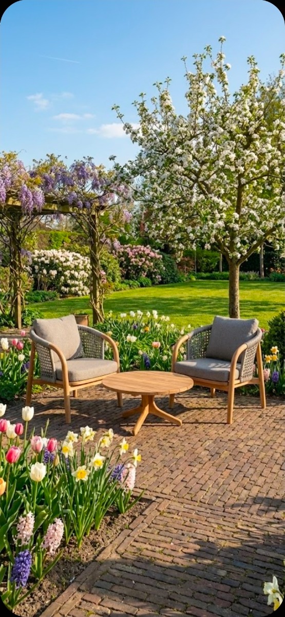 driedelige teakhouten tuinset, bestaande uit twee loungestoelen met een open, grijs gemêleerd rope vlechtwerk en grijze kussens, plus een bijpassende ronde houten salontafel, tegen een neutrale witte achtergrond - alternate view