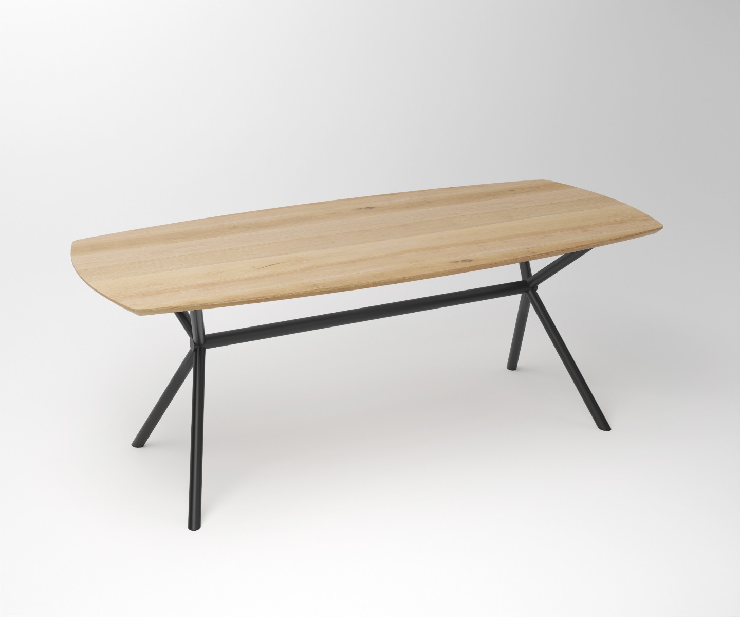 Lifestyle eettafel eikenhout met zwart metalen kruispoot, gedekt met servies en mensen in een licht Japandi interieur. - view 4