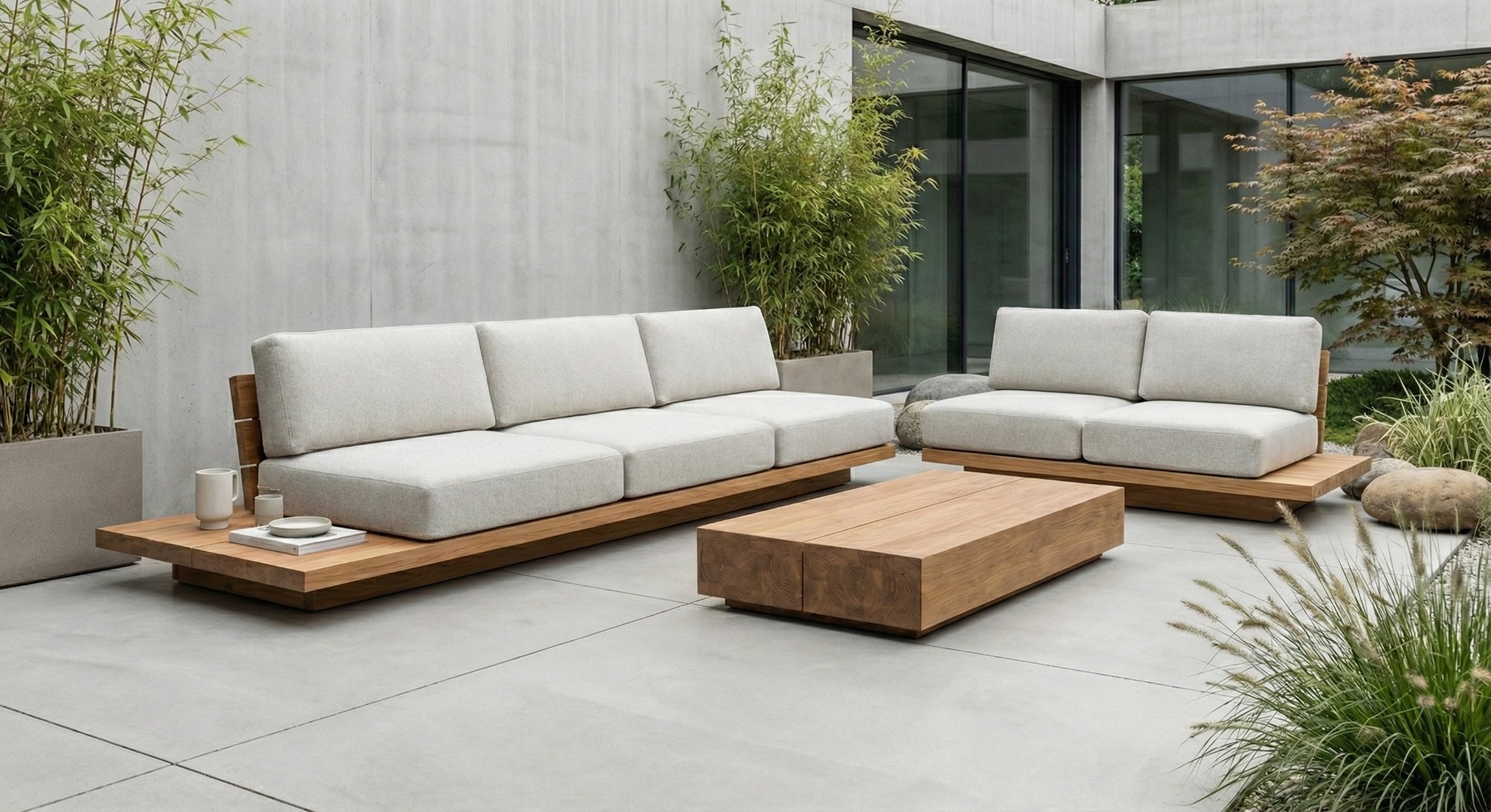 Detailopname Teakea Toba loungeset: massief FSC teakhouten platformframe met waterafstotende Vanilla Grey Olefin kussens - alternate view
