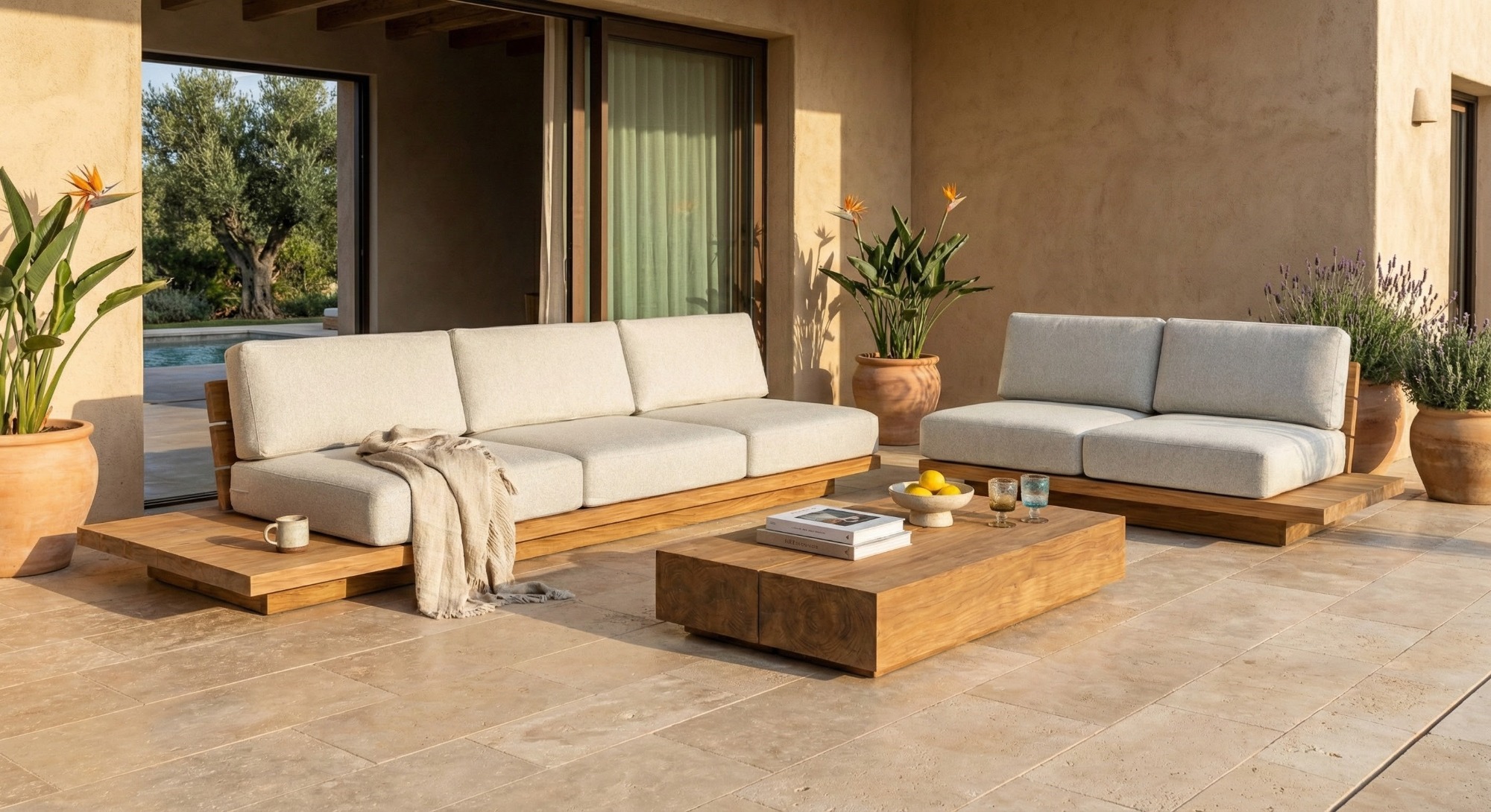 Detailopname Teakea Toba loungeset: massief FSC teakhouten platformframe met waterafstotende Vanilla Grey Olefin kussens - view 3