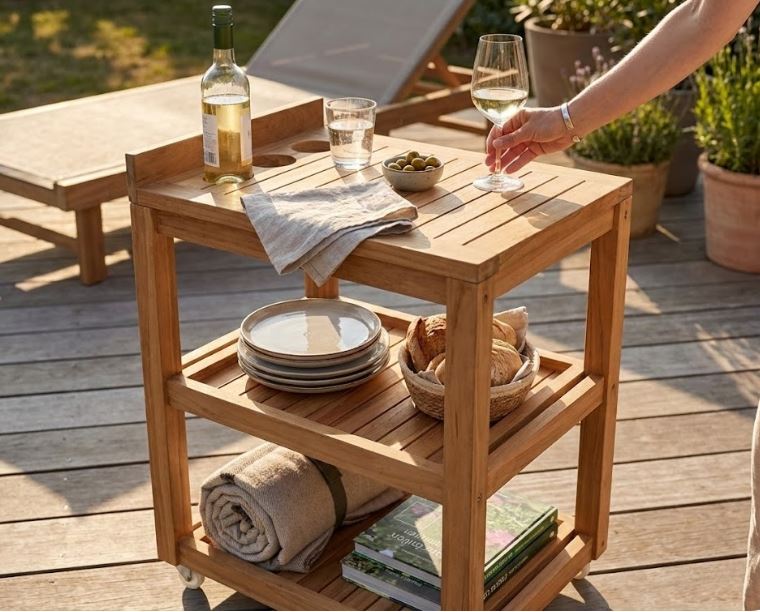 Luxe teakhouten serveerwagen op een zonnig terras, gestyled als buitenbar met wijn en hapjes. Een hand pakt een wijnglas van het bovenblad. - view 3
