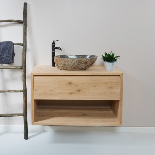 Luxe zwevend badmeubel van massief eikenhout inclusief natuurstenen waskom. Handgemaakt, vochtbestendig en leverbaar in 23 kleuren. Ontdek ons maatwerk! - alternate view