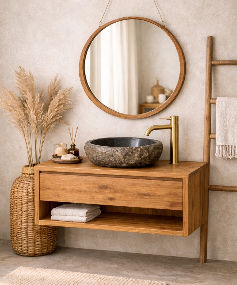 Bohemian bathroom with teak vanity Bohemian bathroom with teak vanity