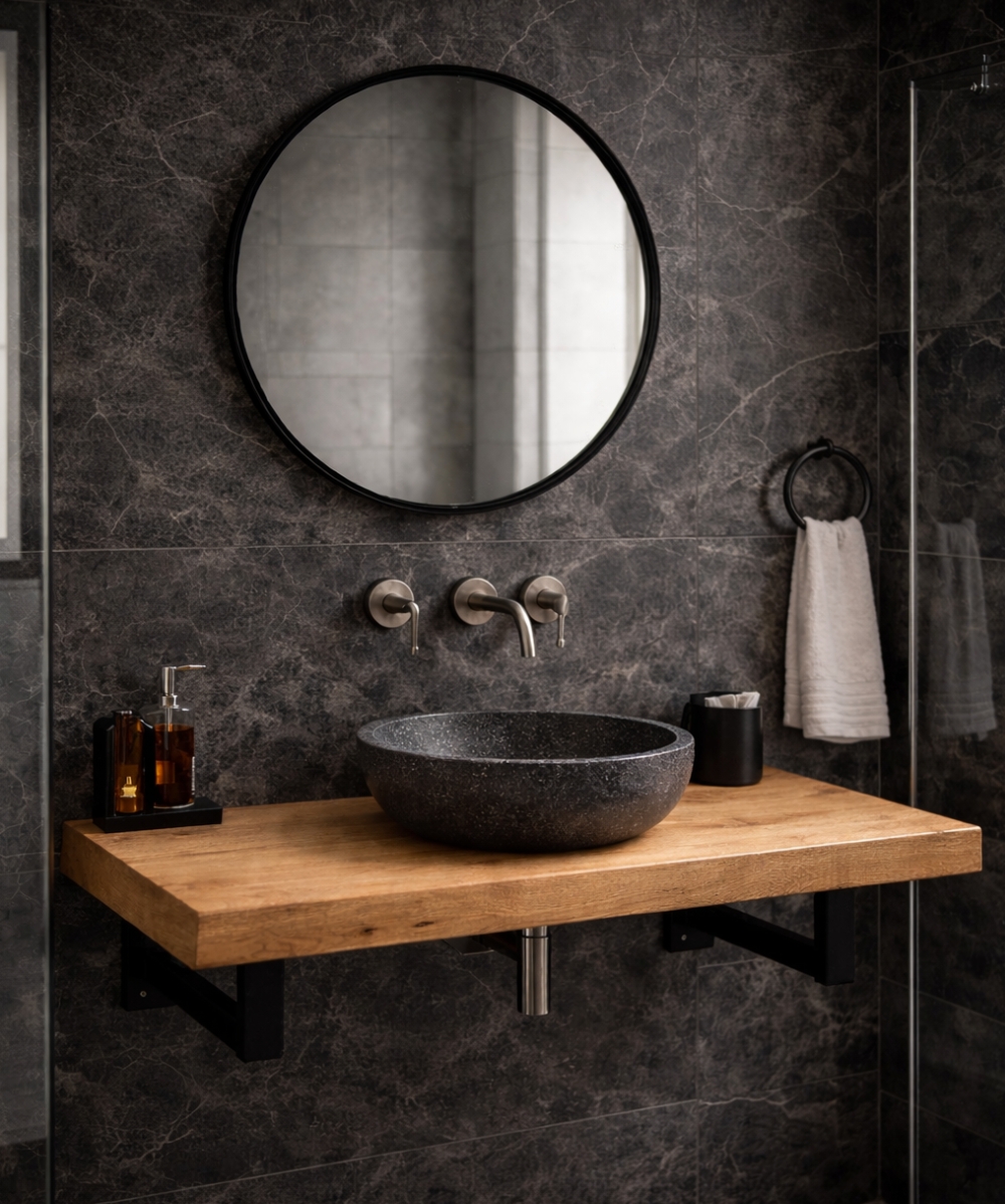 Industrial bathroom with oak vanity Industrial bathroom with oak vanity