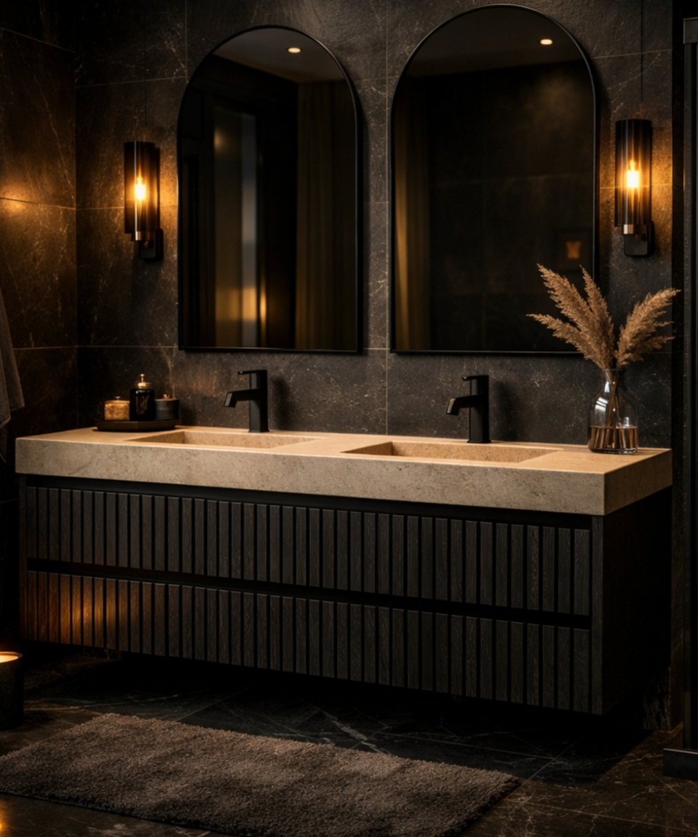 Luxurious dark bathroom with sleek vanity Luxurious dark bathroom with sleek vanity
