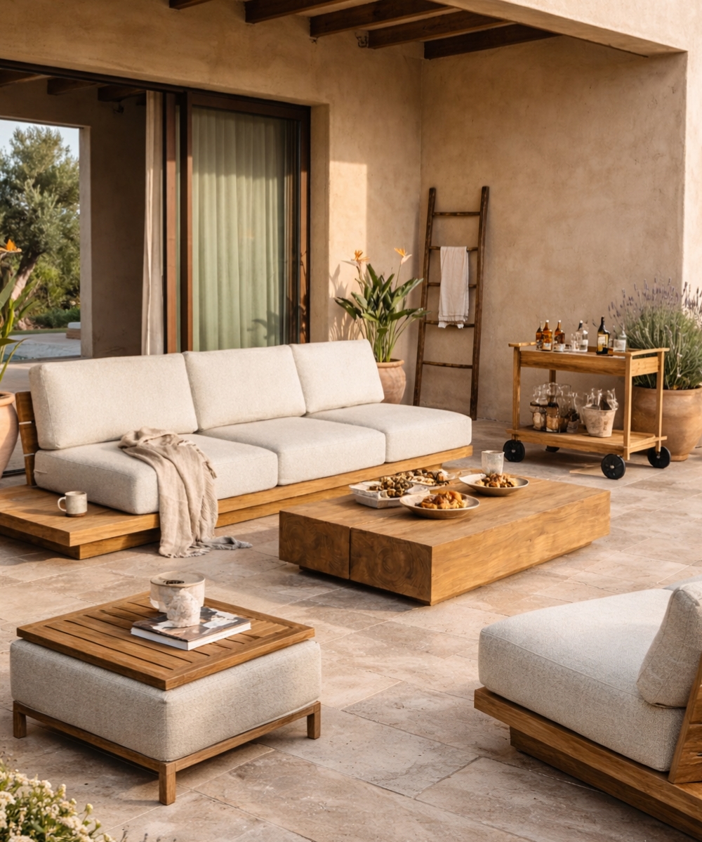 Mediterranean patio with teak seating Mediterranean patio with teak seating