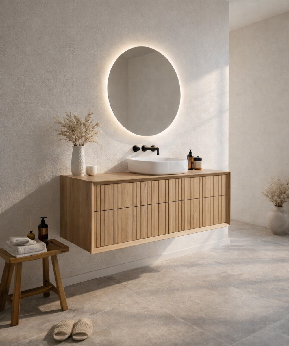 Myrte Floating Bathroom Furniture _ Oak Vertical Slat Front Myrte Floating Bathroom Furniture _ Oak Vertical Slat Front