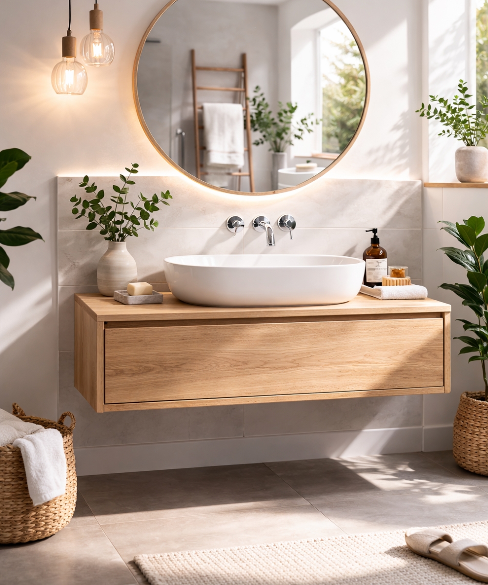 Scandinavian bathroom with minimalist vanity Scandinavian bathroom with minimalist vanity