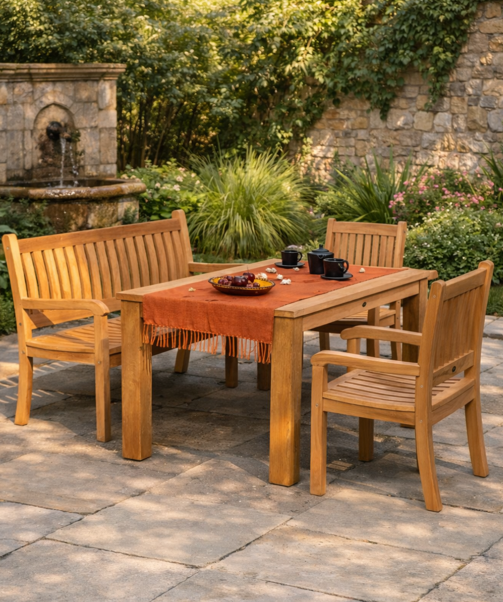 Serene patio dining with lush greenery Serene patio dining with lush greenery